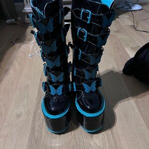 YRU Black and Blue Butterfly Platform Boots size 7 Firm on price